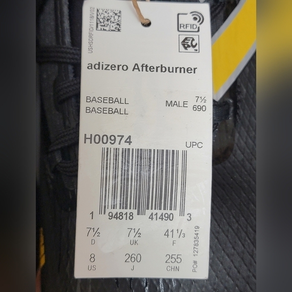 adidas Adizero Afterburner 8 Black Yellow Baseball Cleats H00974 Mens Sz Multi